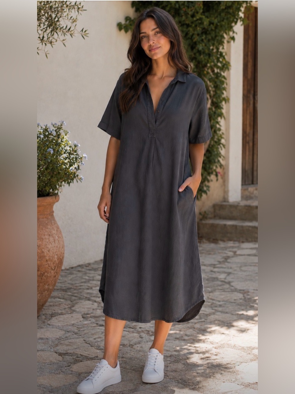 Hartford Gray Cotton Poplin Popover V Neck Shirt Dress Midi Lagenlook Size 2